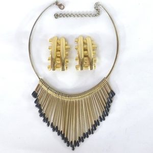 Gold with black bead necklace and earrings